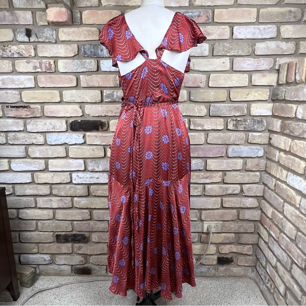 ANTHRO brown rust red Ruffle-Sleeve Printed-Wrap Maxi Dress - Picture 6 of 12